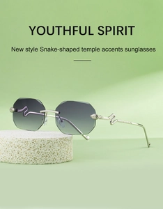 Detail of silver snake-shaped temple engraving on rimless square sunglasses