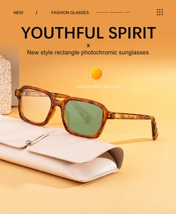 Rectangle tortoiseshell photochromic sunglasses with leather case showing lens transition