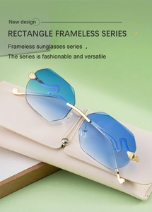 Detail of square rimless sunglasses with blue gradient lenses and gold bee accent