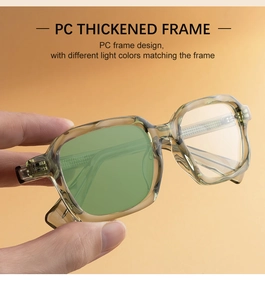 Detailed close-up of thick square PC frame in translucent light green for sunglasses