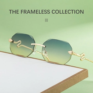 Detailed view of square rimless sunglasses with gradient lenses and golden snake temples