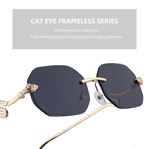 Detailed view of gold temple with embossed snake head design on rimless sunglasses