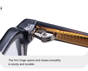 Detail of the sturdy silver metal hinge and tortoise frame on square sunglasses