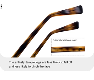 Detail view of tortoiseshell eyewear arms with internal metal core and anti-slip design
