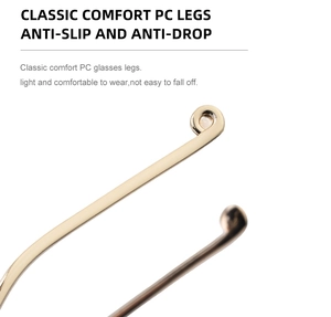 Detail of glossy gold metal glasses temple tips with anti-slip ring and comfortable fit