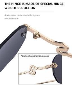 Detail of square rimless sunglasses showing golden snake-shaped temples and sturdy hinges