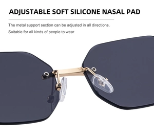 Close-up of adjustable soft silicone nose pads on frameless diamond cut sunglasses