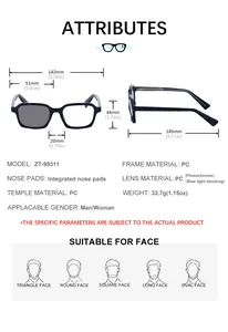 Detailed sizing chart with dimensions for square photochromic anti-blue light glasses