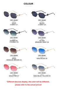 Various rimless sunglasses featuring gold snake-shaped metal temples and tinted lenses
