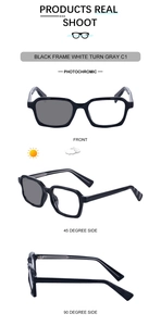 Multiple views showing the black square photochromic sunglasses changing from clear to grey