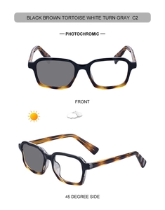 Detail of tortoise shell square frames showing photochromic lens changing to gray