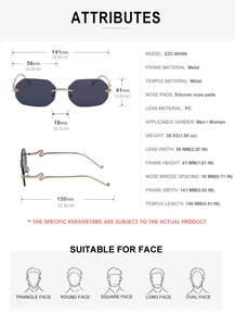Detailed size specifications for rimless square sunglasses with gold wave temples