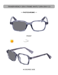 Detail of square frame photochromic sunglasses in transparent grey showing color change