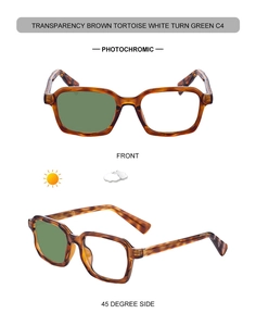 Detail of square photochromic sunglasses in transparency brown tortoise with green lens