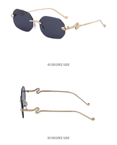 Detail view of gold metal snake-shaped temples and grey octagonal rimless lenses