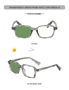 Detail view of square photochromic sunglasses with transparent green frames in C5 color