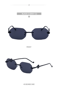Detail of square rimless sunglasses with diamond-cut lenses and wavy metal temples