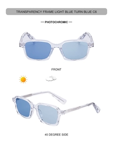 Square photochromic glasses with transparent frame showing color change from light to dark blue