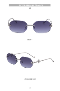 Detail view of rimless square sunglasses with snake-shaped temple and gradient lenses