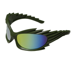 Y2K futuristic wrap sports sunglasses with green wing frame and gradient colorful lenses
