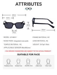 Tableau des tailles pour lunettes de soleil carrées indiquant les mesures et le poids
