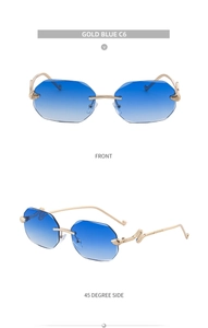 Close-up of gold snake temple design and blue gradient lenses on rimless sunglasses