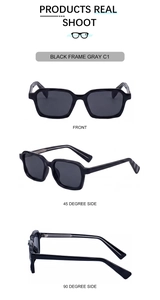 Vue détaillée de lunettes de soleil carrées noires avec verres gris et branches texturées