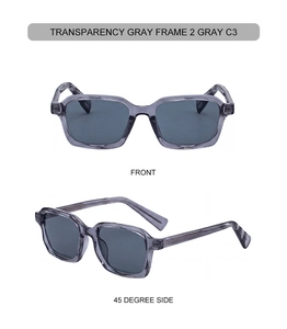 Vue de face et de profil à 45 degrés des lunettes de soleil carrées à monture gris transparent
