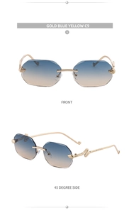 Detail of rimless sunglasses with gold snake temple and blue-yellow gradient lenses