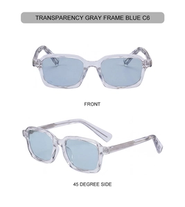 Vues de face et de côté de lunettes carrées gris transparent avec verres bleus