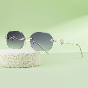 Chic rimless square sunglasses for women with grey gradient lenses and silver snake temple