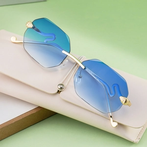 Frameless square gradient blue sunglasses with golden leopard head detail and pouch