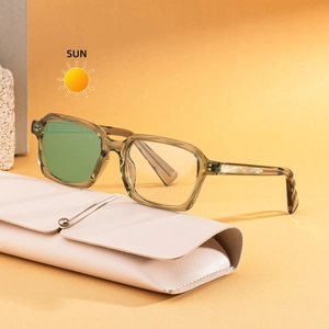 Fashion square photochromic sunglasses with olive green frame and premium leather case