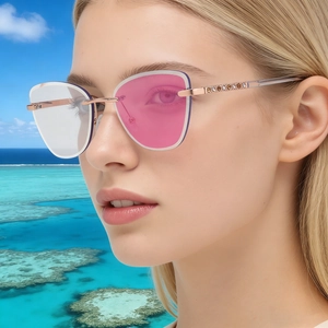 Women Cat Eye Photochromic Sunglasses Rimless Blue Light Blocking Glasses Metal Frame Rhinestone Fashion Eyewear UV400