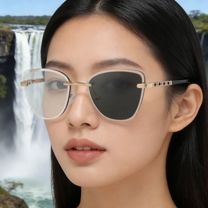 Detail of cat-eye sunglasses featuring photochromic lenses and diamond-encrusted metal temples