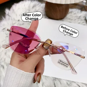 Cat eye photochromic rimless sunglasses with blue light blocking and metal spring hinges