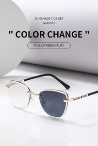 Detail of photochromic cat eye sunglasses with rhinestone metal temples and half-frame design