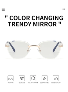 Close-up of rimless cat-eye photochromic lenses with golden metal bridges and spring legs