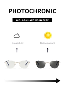 Cat-eye photochromic sunglasses detail showing lens tint change from clear to dark grey