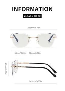 Detailed size specifications for cat-eye sunglasses with rhinestone-encrusted metal temples