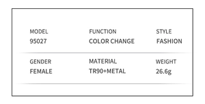 Specifications chart for model 95027 fashion color-changing sunglasses for women