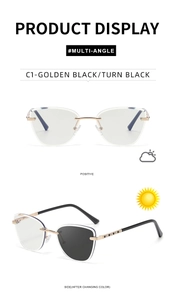 Close-up of frameless photochromic cat-eye sunglasses with gold-black hollow temple detail