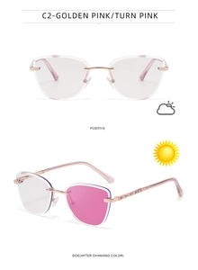 Detail of rimless cat-eye photochromic glasses with rose gold frame and pink rhinestones