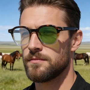 Détail de lunettes de soleil écailles avec verres photochromiques portées à l'extérieur