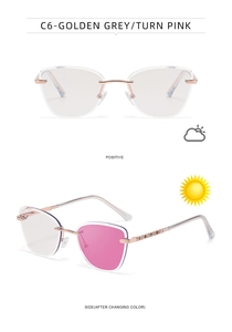 Cat eye photochromic sunglasses with metal spring hinges and rhinestone details