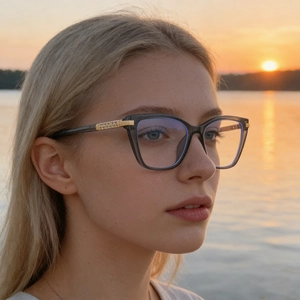 Cat-eye blue light blocking glasses with gold leopard cutout detail on temples