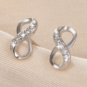 Infinity Stud Earrings Alloy Cubic Zirconia With Copper Earring Post Simple Eternal Korean Style Small Dainty Jewelry Women