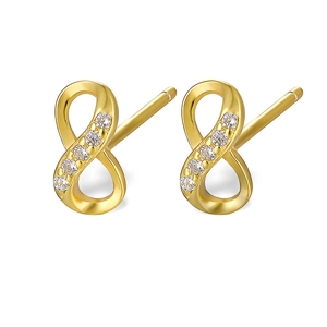 Infinity symbol stud earrings in gold finish with micro-set white zircon stones