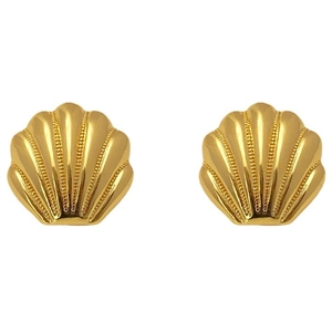 Detailed view of golden seashell stud earrings with textured radial carvings and ocean design