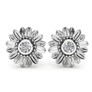 Detailed view of silver sunflower stud earrings with bright cubic zirconia center